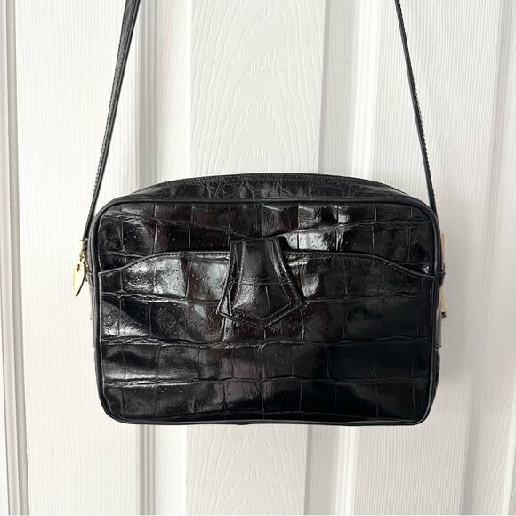Sondra Roberts Vintage Black Leather Croc Embossed Rectangular Box Crossbody Bag - Picture 6 of 16